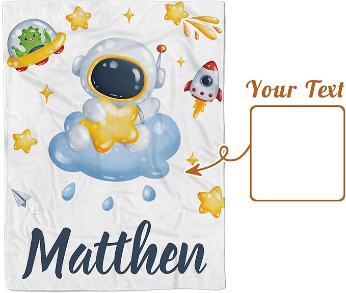 Personalized Baby Blanket with Name, Custom Space Astronaut Theme Blanket for Kids, Soft Flannel Bed Throw Blanket Swaddle for Newborn, Customizable Baby Gift & Nursery Blanket(60" x80)