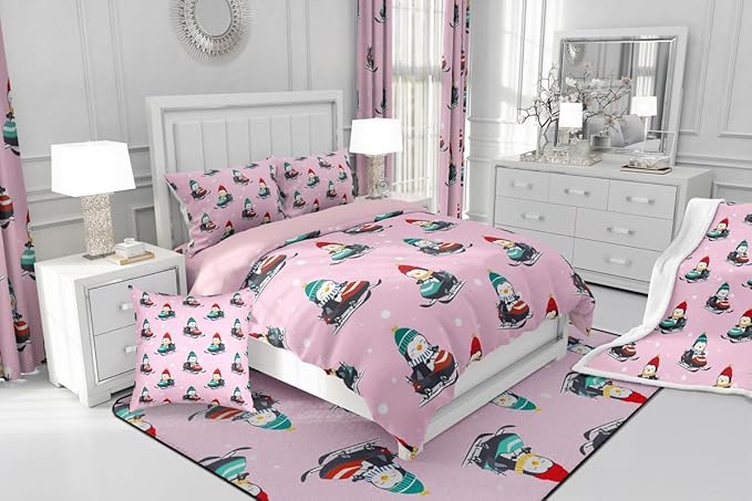 Feelyou Christmas Kids Comforter Set Toddler Size Pink Penguin Bedding Set Cartoon Penguin Skiing Duvet Quilt for Kids Boys Girls Bedroom Snowflake Decor Microfiber Ultra Soft Breathable