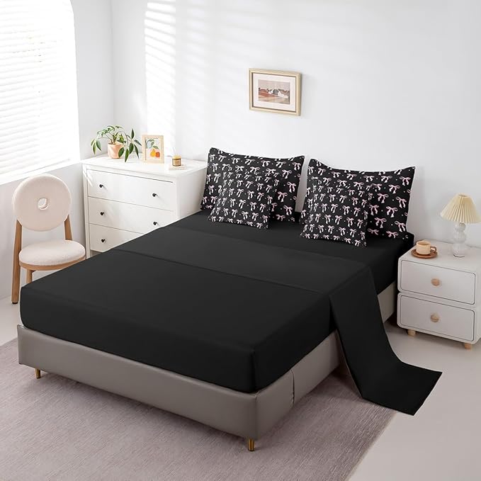 7 Pieces Pink Bowknot Kids Comforter Queen,Stars Watercolor Bow Tie Patchwork Bedding Set,Butterfly Knot Princess Black Noble Chic（Comforter+Fitted+Flat Sheet+2 Pillowcases+2 Throw Pillow Covers）