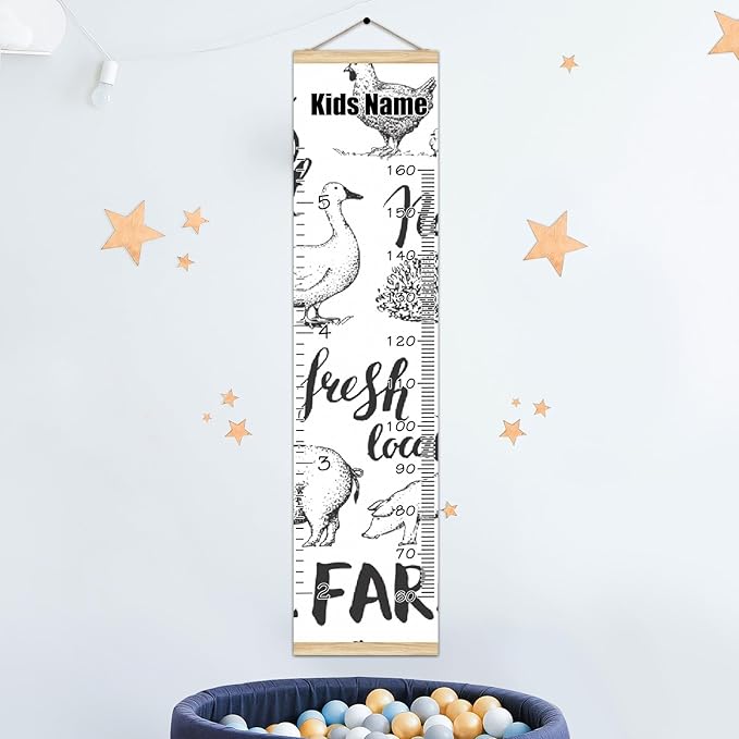 Personalized Kids Name Growth Chart Ruler for Wall Wood Frame Height Measure Chart 13.4x56 in Linen Hanging Height Growth Chart Farm Animal Cow Pig Rooster Kids Room Decor