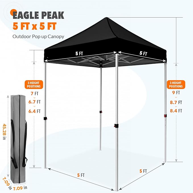 EAGLE PEAK 5x5 Pop Up Canopy Tent Instant Outdoor Canopy Easy Set-up Straight Leg Folding Shelter, Black
