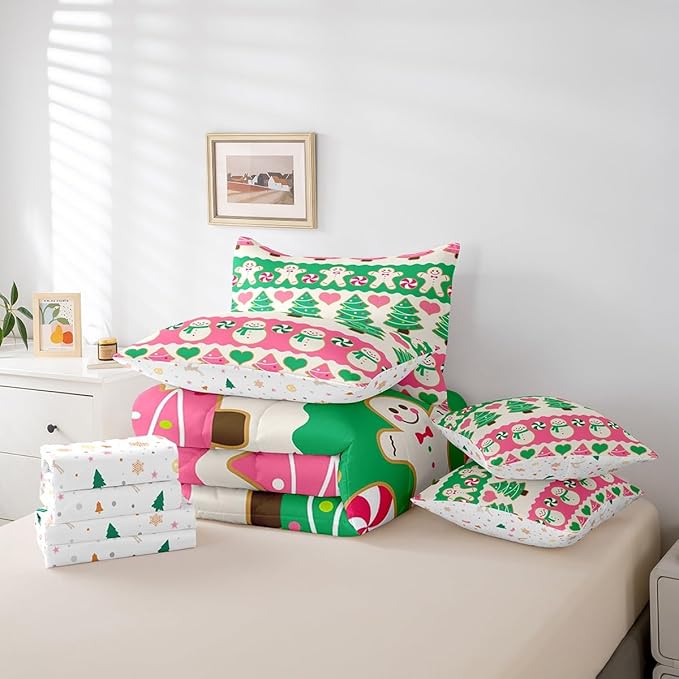 Feelyou Christmas Tree Bedding Set for Kids Boys Girls Cute Cartoon Gingerbread Man Bed in a Bag Snowman Bedding Set Decor Kawaii Xmas Theme Bed Set 7Pcs King Size