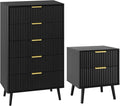 LYNSOM Fluted Dresser and Nightstand Sets 2 Piece, 2-Drawer Nightstands and 5-Drawers Dresser, Wood Bedroom Furniture Set for Home, Bedroom, Hallway, Black