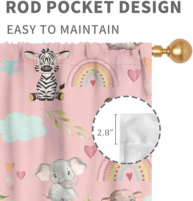 Kids Safari Animals Curtains, Cartoon Giraffe Elephant Monkey Woodland Jungle Pink Window Drapery Treatments for Boys Girls Baby Living Room Bedroom Nursery Classroom 2 Panels, 42"x63" Inch