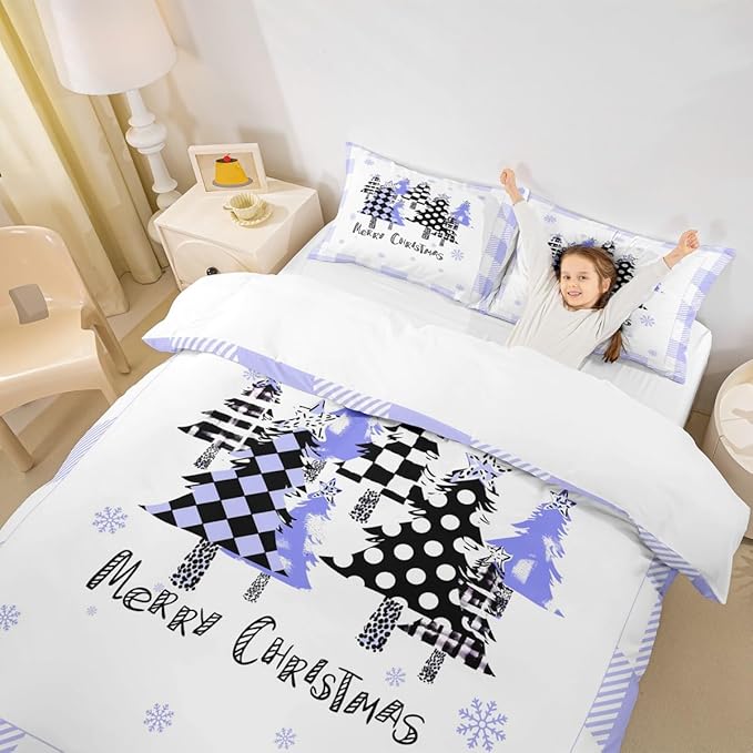 Manfei Xmas Trees Duvet Cover Set King Size, Blue Plaid Grid Snowflake Bedding Set for Kids Girls Boys Room Decor, Christmas Theme Comforter Cover New Year Quilt Cover with 2 Pillowcases, No Comforter