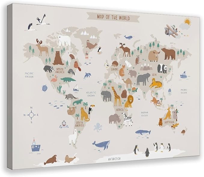 KIPNG Kids World Map - Playroom Animal World Map - Nursery Educational Poster Canvas Poster Wall Art Picture Paintings for Living Room Bedroom Decoration Frame-style24x36inch(60x90cm)