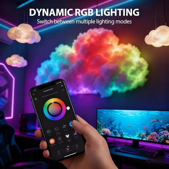 LED Cloud Light with Music Rhythm,DIY USB-Powered Thundercloud LED Light Decor for Bedroom & Gaming Room - USB Powered,Vibrant Glow, No Drill Roof for Christmas/New Year Gifts (19.6ft)