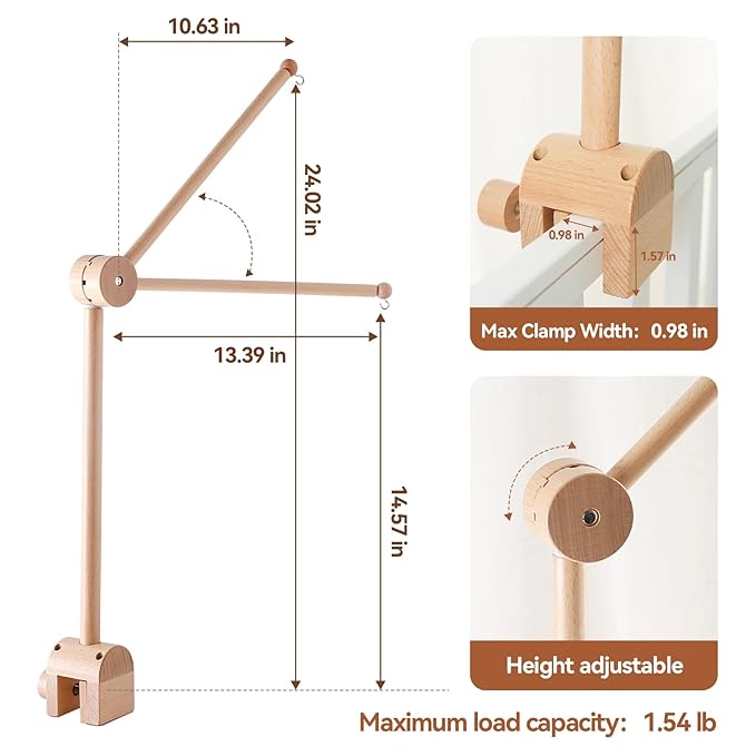 Wooden Crib Mobile Arm | Baby Crib Mobile Arm Wooden Holder | Rotatable Adjustable Anti Slip Attachment Clamp for Sturdy Mobile Hanger (Only Arm)