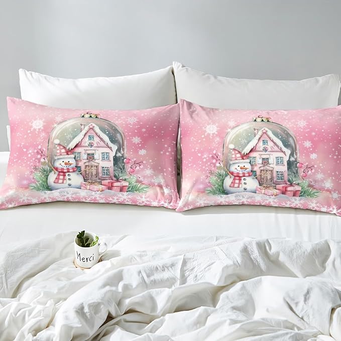 Manfei Christmas Duvet Cover Set Full Size, Pink Castle and Snowman Print Bedding Set 3pcs for Kids Girls Teens Bedroom Decor, New Year Snowflake Print Comforter Cover with 2 Pillowcases,No Comforter