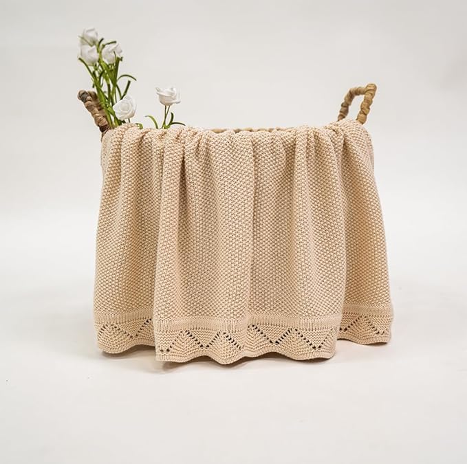 Baby Knit Blanket Soft Breathable Cotton Scallop Border Blankets Newborn Knitted Blanket Swaddle Blankets Gifts for Baby Newborn Toddler Shower Boy Girl New Mom Birthday Christmas Beige 30x30