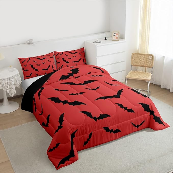 Erosebridal Black Bats Bedding Set Halloween Themed Comforter Set King Size,Bat Spooky Gothic Quilt for Kids Boys Girls Adults Red Halloween Decorations Duvet Insert,Goth Room Decor