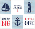 Andaz Press Personalized Ocean Nautical Sailor Theme Nursery Kids Bedroom Hanging Wall Art Decor, 8.5x11-inch, Rustic Blue Wood, Boat, Anchor, 6-Pack, Custom Name Unframed Room Poster
