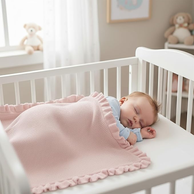 Cotton Baby Blanket with Ruffle Edge Soft Breathable Newborn Blanket for Boys & Girls, Lightweight Knit Throw for Crib, Stroller & Nursery Multiple Colors Available Rose Pink 28x36