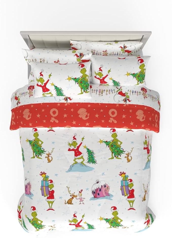Grinch by Dr. Seuss Holiday & Christmas Bedding Super Soft Comforter and Sheet Set with Sham, 7 Piece Full Size (Official Dr. Seuss Product) by Franco