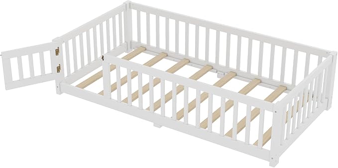 Bellemave Twin Size Floor Bed Frame with Fence and Door for Kids, Montessori Floor Bed with Slats and Safety Guardrails,Solid Wood Twin Bed Frame for Girls Boys,White