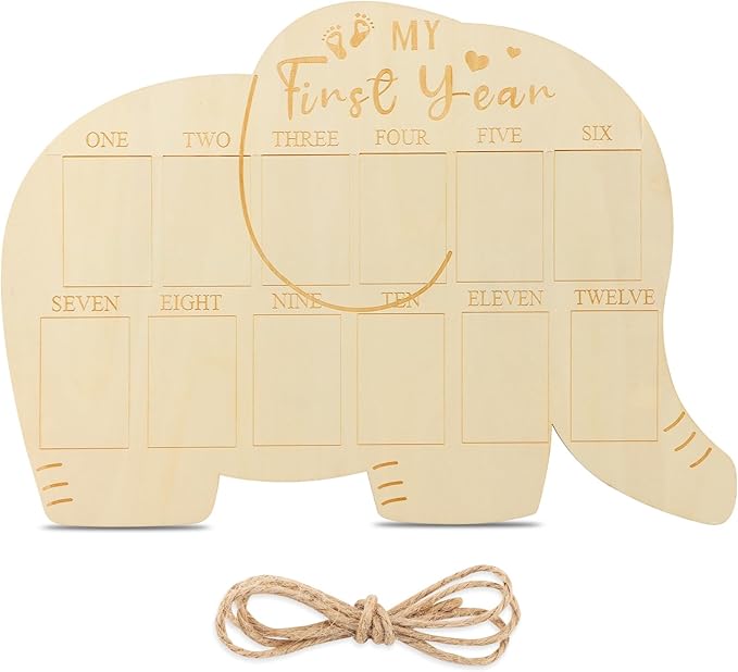 My First Year Picture Frame, Baby’s First Year Photo Display Wood Board 12 Months Milestone Board Birthday Baby Keepsake Nursery Decor Gift for Boy Girl(SIZE:Elephant)