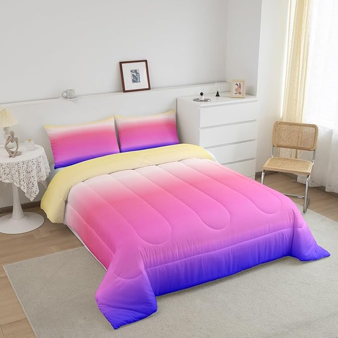 Feelyou Ombre Comforter Queen Set - Pink Purple Rainbow Bedding for Boys Girls, Colorful Gradient Duvet Set, Decorative 3Pcs