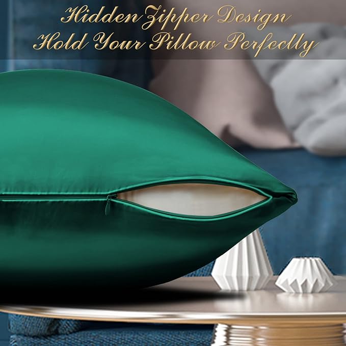 100% Mulberry Silk Pillowcase 2 Pack for Hair and Skin,with Hidden Zipper,Both Sides 22 Momme Natural Silk Pillow Cover,Soft Breathable & Smooth (Dark Green, King)