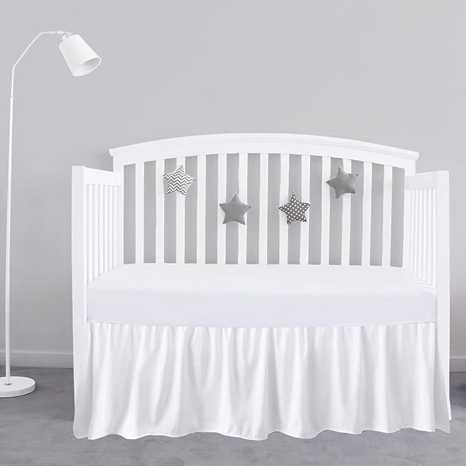 White Crib Bed Skirt 28" x 52" with 14" Drop - Dust Ruffle Crib Skirt with Split Corners - Soft Nursery Standard Crib Toddler Bedding Skirt for Baby Boys or Girls