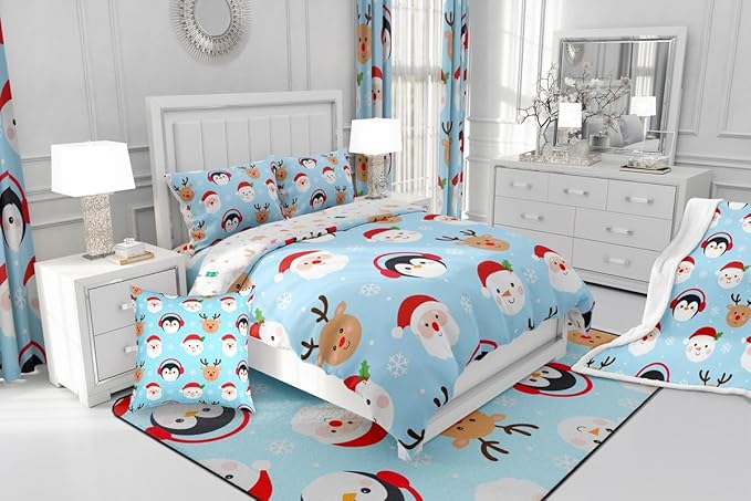 Feelyou Merry Christmas Comforter Set All Season Santa Claus Bedding Set with 1 Pillow Cases Deer Penguin Microfiber Kids Toddler Bedclothes Snowman Bedroom Decor Duvet Quilt Soft Lightweight