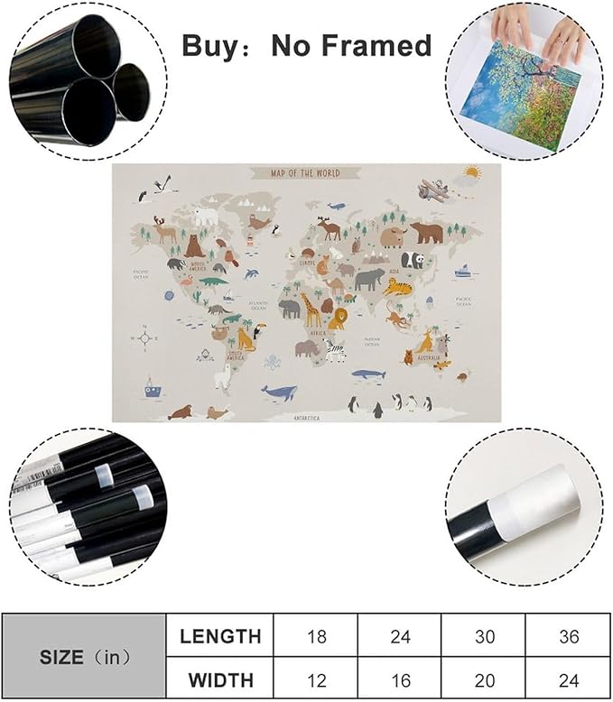 KIPNG Kids World Map - Playroom Animal World Map - Nursery Educational Poster Canvas Poster Wall Art Picture Paintings for Living Room Bedroom Decoration Unframe-style24x36inch(60x90cm)