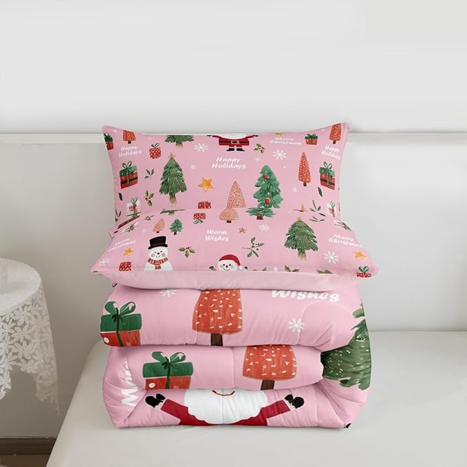 Feelyou Pink Christmas Comforter Set Queen Size Snowman Bedding Set for Kids Boys Girls Xmas Tree Duvet Quilt Bedroom Decor Microfiber 3 Pcs with 2 Pillow Cases
