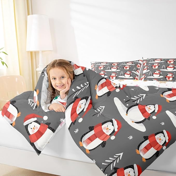 Feelyou Christmas Comforter Set All Season Penguin Bedding Set with 2 Pillow Cases Snowflake Microfiber Kids Full Bedclothes Pine Tree Bedroom Decor Duvet Quilt Breathable Soft Lightweight