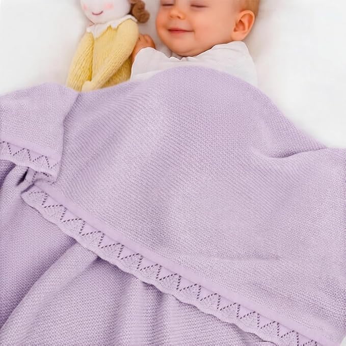 Baby Knit Blanket Soft Breathable Cotton Scallop Border Blankets Newborn Knitted Blanket Swaddle Blankets Gifts for Baby Newborn Toddler Shower Boy Girl New Mom Birthday Christmas Lilac 30x40