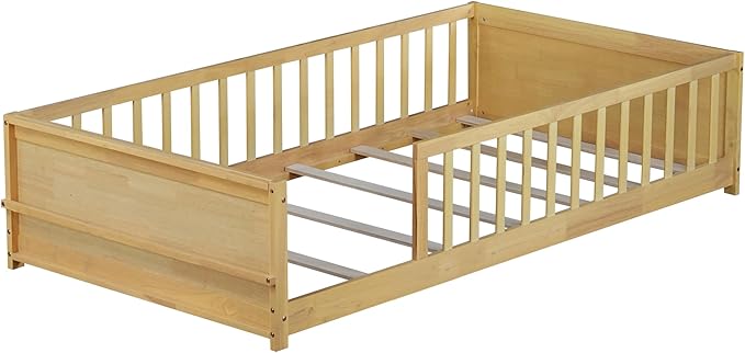 Floor Bed with Rails Twin Size, Wood Montessori Floor Bed with Storage Bookcase, Kids Bed Frame with Fence for Boys Girls, Natural