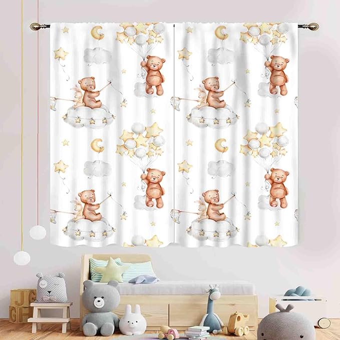 Cartoon Bear Curtains, Kids Boys Girls Cute Lovely Bear Star Cloud Ballon Pastel Window for Baby Living Room Bedroom Nursey Toddler Classroom 2 Panels, 52"x84" Inch