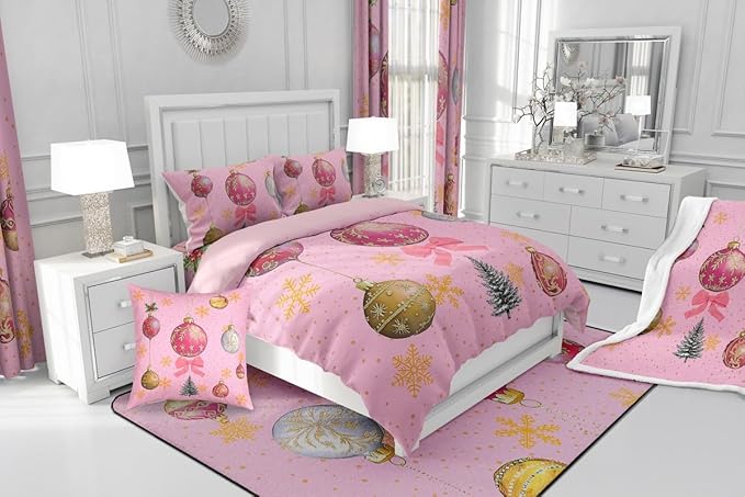Erosebridal Merry Christmas Twin Bedding Sets Xmas Tree Comforter Sets Kids Snowflake Happy New Year Down Comforter for Boys Girls Pink Bownot Decor Bed Set