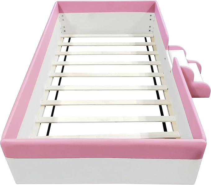 Twin Size Upholstered Daybed Frame with Fence and Stairs, Montessori Kids Floor Bed with Sturdy Slat Support for Kids Boys Girls