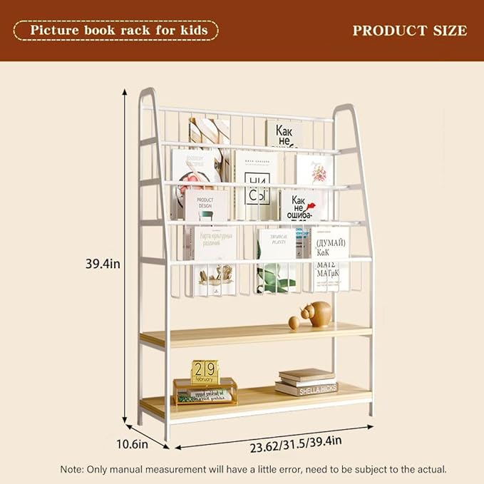 Metal Kids Bookshelf and Toy Storage Organizer,6 Tier Childrens Bookcase,Magazine Rack Floor, Book Shelf for Kids Rooms Classroom Nursery Living Room Office (White, L:23.62")