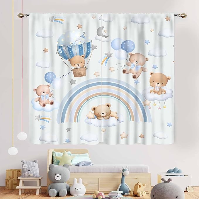 Bear Curtains for Kids Room, Baby Boys Girls Cute Lovely Bear Cloud Boho Rainbow Pastel Blue Window Drapery Treatments for Living Room Bedroom Nursey Toddler Classroom 2 Panels, 55"x63" Inch