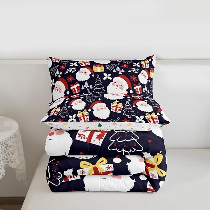 jejeloiu Santa Claus Comforter Set King Size Merry Christmas Bedding Set for Kids Boys Girls Xmas Themed Duvet Quilt Dark Blue Bedroom Decor