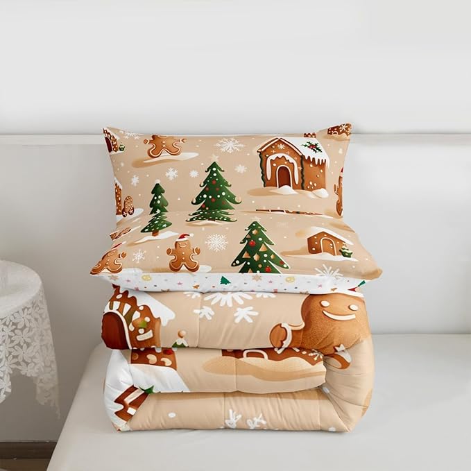 Feelyou Christmas Bedding Set Soft for Boys Girls, Gingerbread Man Comforter Set Twin Size Snowflake Duvet Quilt Microfiber Xmas Tree Bedroom Decor 2 Pcs with 1 Pillow Cases