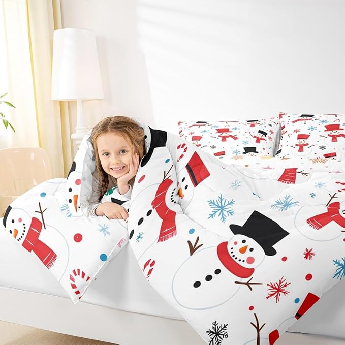 Feelyou Merry Christmas Comforter Set All Season Snowman Bedding Set with 2 Pillow Cases Winter Holiday Microfiber Kids Full Bedclothes New Year Gift Bedroom Decor Duvet Quilt Soft Lightweight