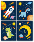 KAIRNE Dinosaur Outer Space Art Print, Solar System Planet Canvas Poster,Set of 4 (8X10inch,Unframed) Animal Astronaut Wall Art for Kid Room Decor