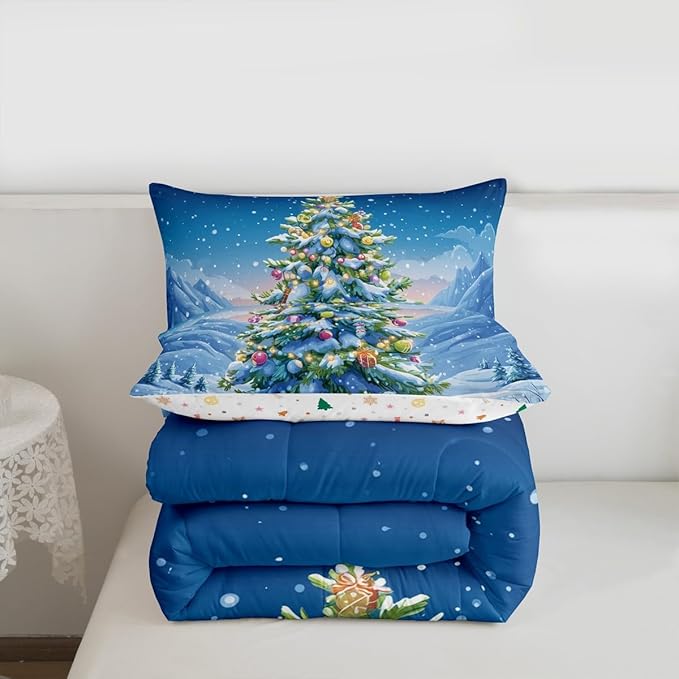 Feelyou Christmas Comforter Set Toddler Size Xmas Tree Bedding Set for Kids Boys Girls Winter Snowflake Duvet Quilt Christmas Tree Ornaments Bedroom Decor Microfiber 2 Pcs with 1 Pillow Cases