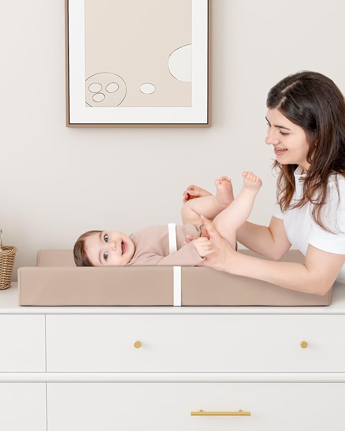 YACODAVO Wipeable Baby Changing Pad for Dresser and Table, Cozy Diaper Changing Pad with Waterproof & Wipe-Clean Leather Cover, Light Brown