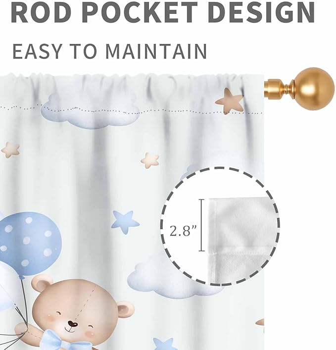 Bear Curtains for Kids Room, Baby Boys Girls Cute Lovely Bear Cloud Boho Rainbow Pastel Blue Window Drapery Treatments for Living Room Bedroom Nursey Toddler Classroom 2 Panels, 42"x54" Inch