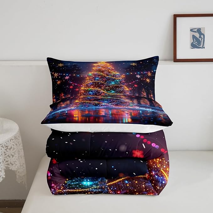 3D Christmas Tree Bedding Set Full Size,Snowflake Glitter Polka Dot Comforter Set for Kids Boys Girls Room Decor,Merry Christmas Duvet Insert 3Pcs,Xmas Neon Style Fashion Quilt Set,2 Pillowcases