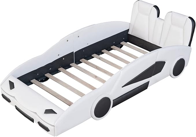 Harper & Bright Designs Twin Size Race Car-Shaped Platform Bed with Wheels, White