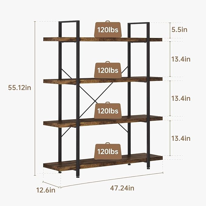 4 Tier Bookcase, 47 Inch Wide Wood Bookshelf, 120lbs Shelf Capacity, Rustic Open Shelving Industrial Display with Reinforced Horizontal Brown Shelves for Living Room Bedroom Office 2 Set