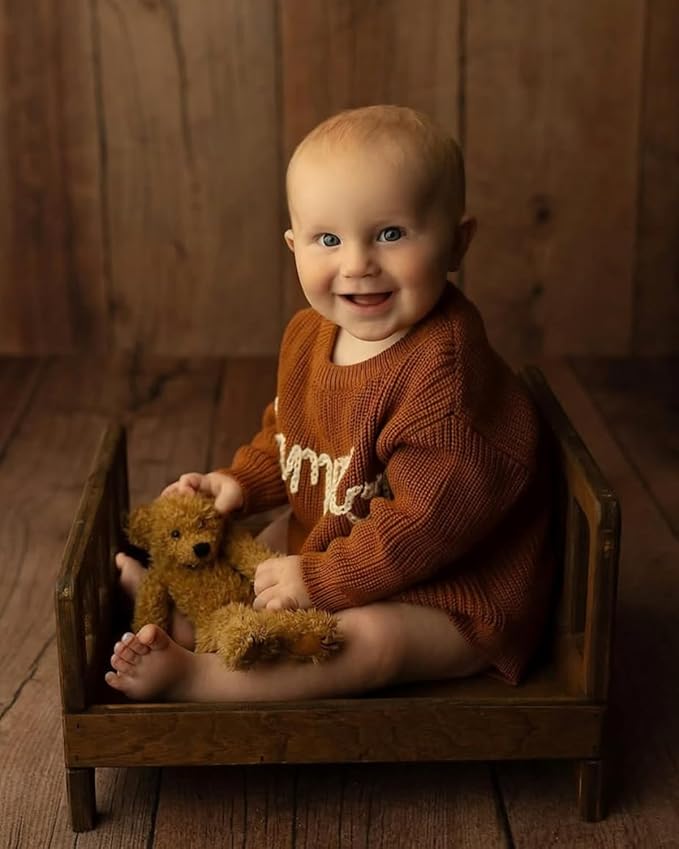 Newborn Bed Prop – Mini Wooden Bed for Baby Photography, Rustic Wood Photo Prop for Newborn Photoshoots & Posing Sessions Detachable Doll Bed
