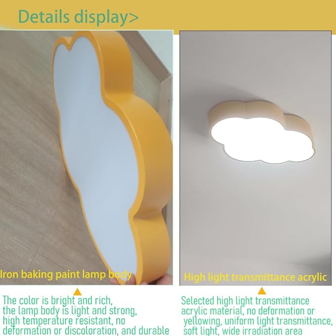 Cloud Shape Led Ceiling Light, 48Cm/19Inch, 36W, Yellow, with Remote Control 4 Color Temperatures,Adjustable Warm Light Eye Protection Bedroom Study/Kindergarten Ceiling Lights