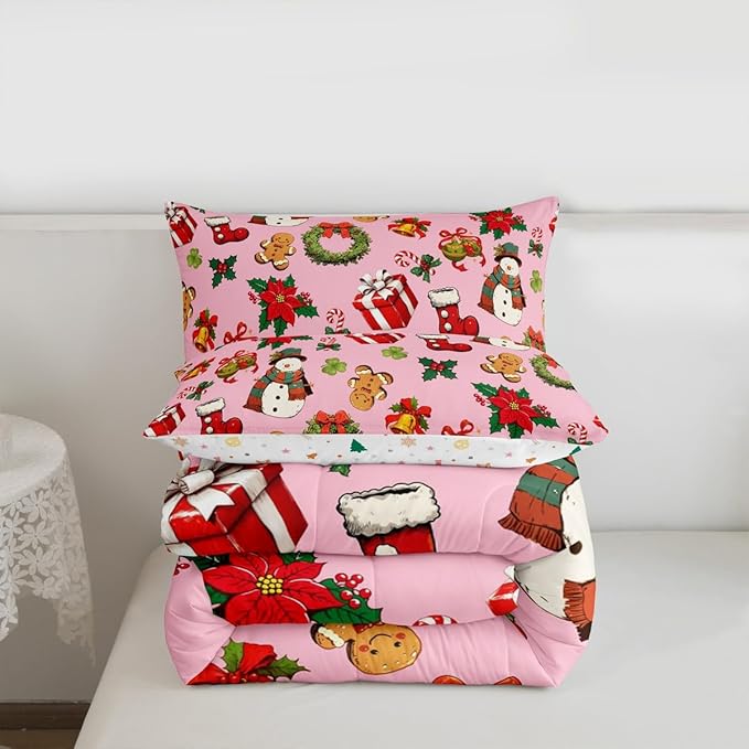 jejeloiu Merry Christmas Comforter Set Twin Size Cute Snowman Bedding Set for Kids Boys Girls Gingerbread Man Duvet Quilt Pink Bedroom Decor