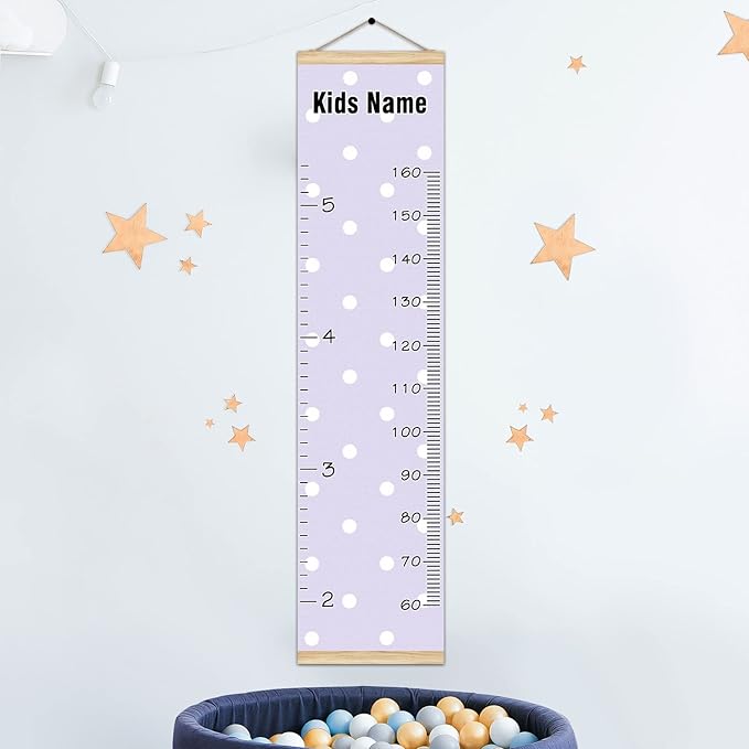 Personalized Kids Name Growth Chart Ruler for Wall Wood Frame Height Measure Chart 13.4x56 in Linen Hanging Height Growth Chart Polka Dot Purple Background Kids Room Decor