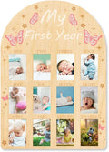 ORIGACH My First Year Baby Growth Photo Display Wood Board - 12 Months Newborn Milestones Picture Frame - Neutral Baby Keepsake Board 1st Birthday Party Nursery Decor New Mom Gift - Pink Butterfly