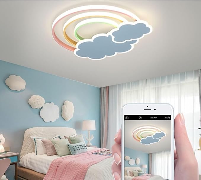 LED Pink Ceiling Light Modern Cartoon Children's Room Dimmable With Remote Control Nordic Blue Cloud Rainbow Night Light for Bedroom Baby Boys Girls